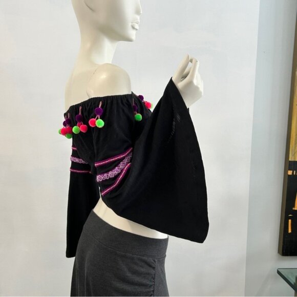 Pitusa Stretch Cotton OTS Peasant Blouse with Dingle Balls - Picture 2 of 15